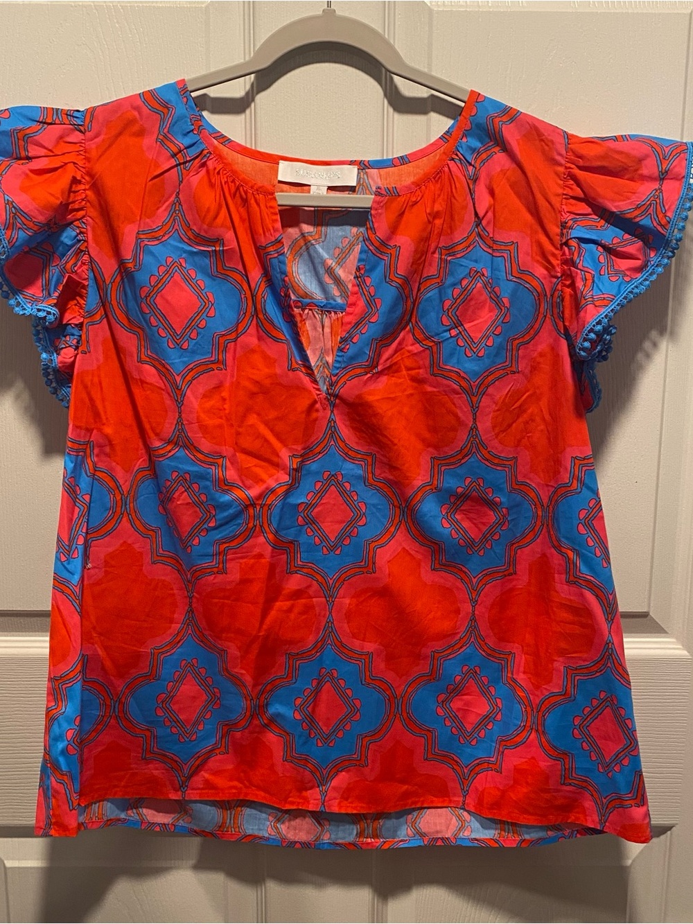 Sugarlips Red and Blue Geometric Flutter Sleeve Top